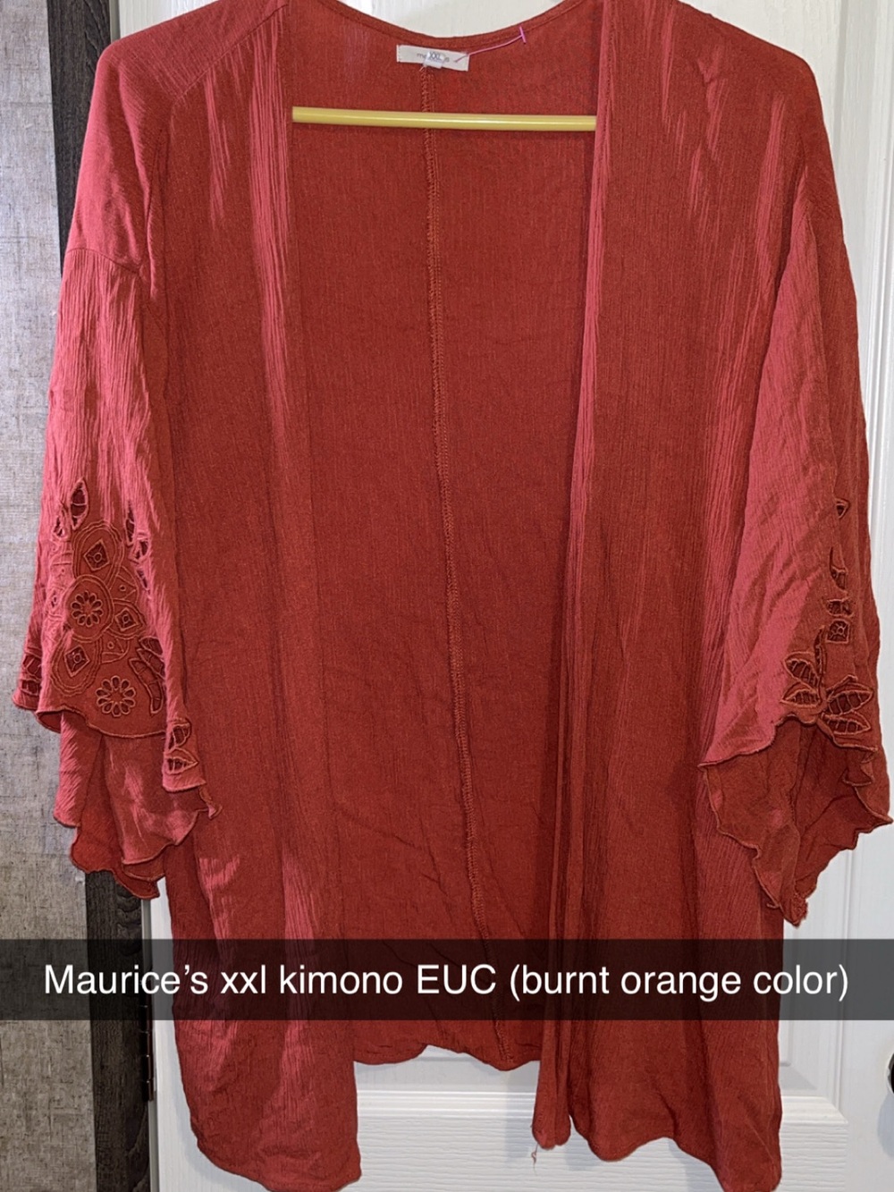 Maurices Burnt Orange Embroidered Sleeve Kimono